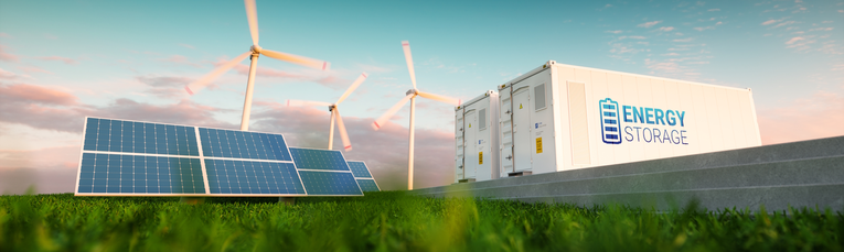 Grafische Darstellung Photovoltaik, Windräder, Energiespeicher