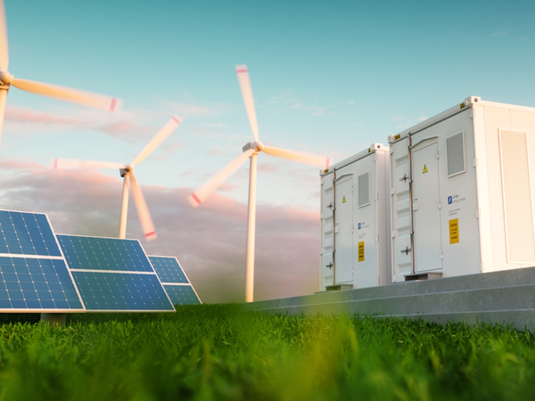 [Translate to English:] Grafische Darstellung Photovoltaik, Windräder, Energiespeicher