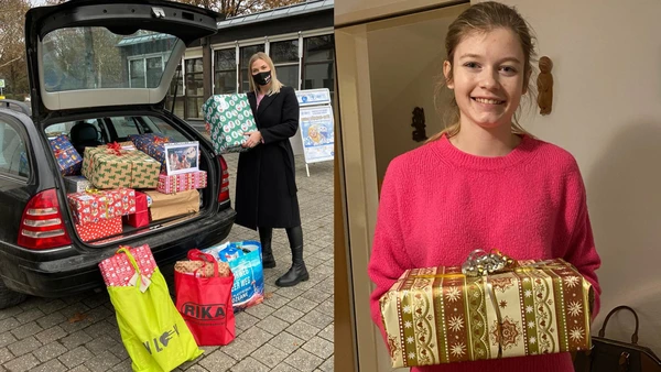 Two pictures: one student in front of a car with a trunk full of presents. Another student holding a gift in her hand